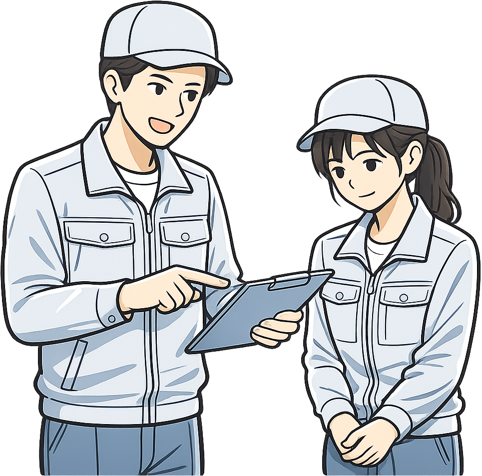 先輩に優しく指導されている工場勤務の人