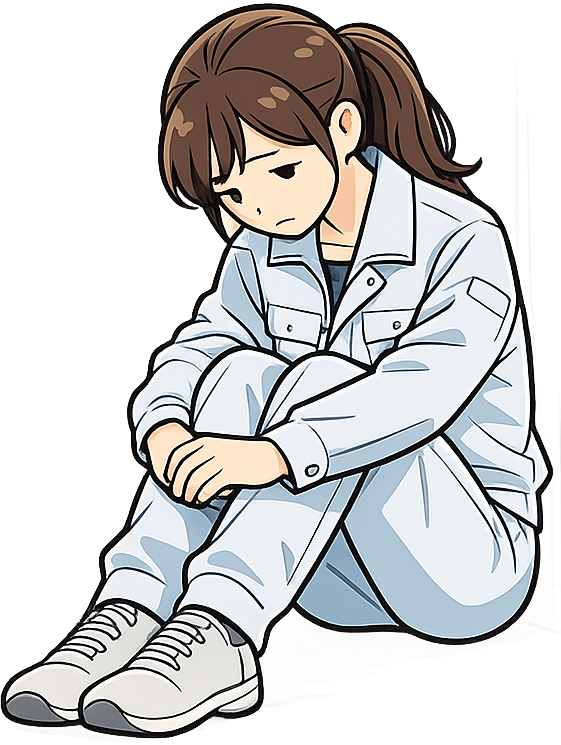 工場の隅でうなだれている女性