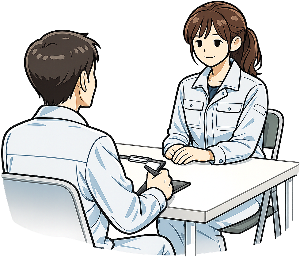 上司と面談している工場勤務の女性