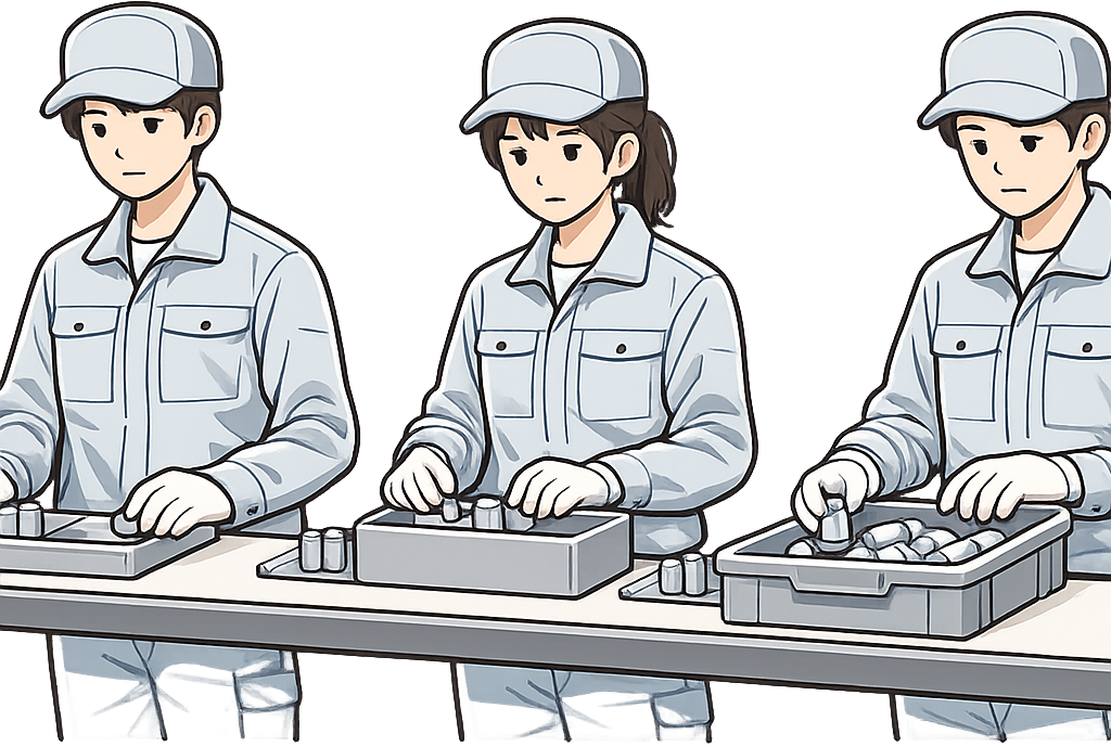 工場のライン作業で働いている人たち