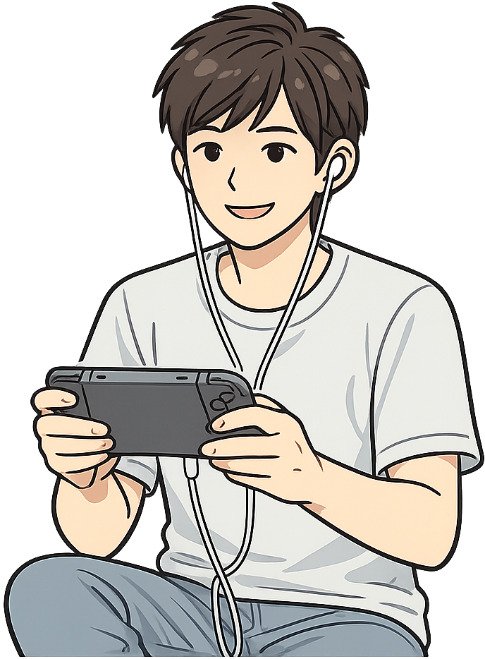 イヤホンをしてゲームを楽しんでいる人