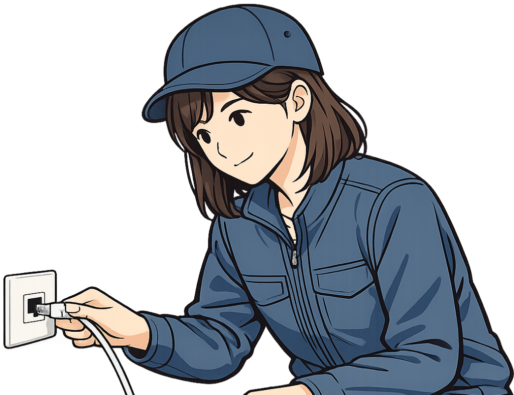 壁のLANポートを確認している人