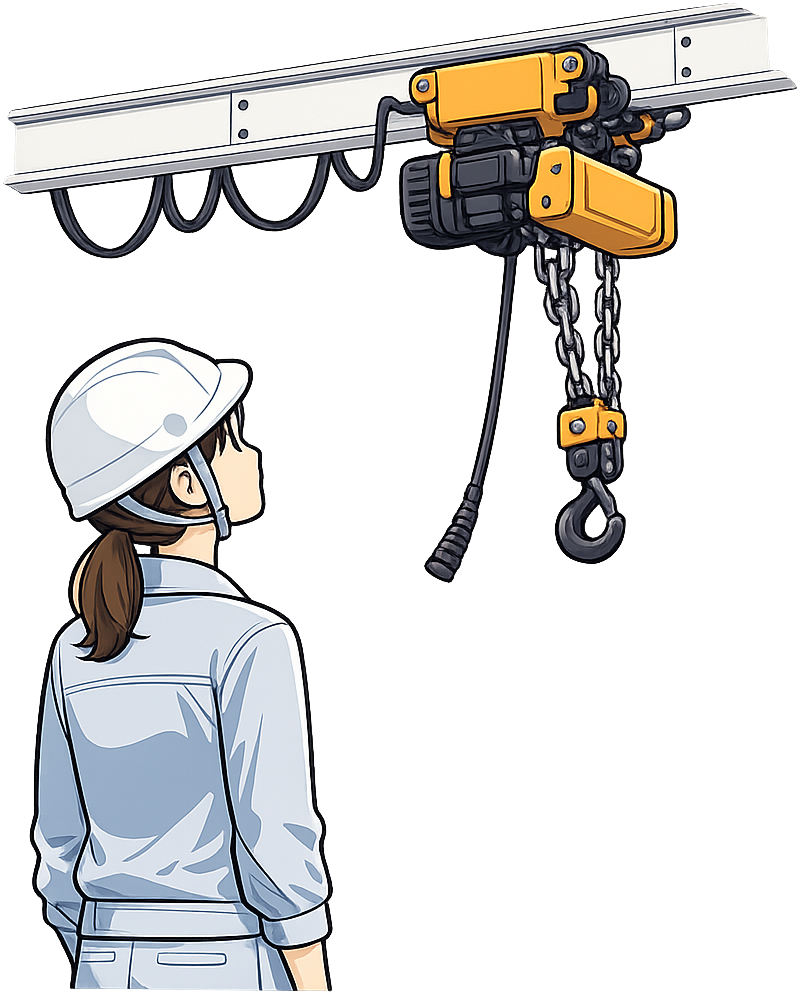 天井のホイスト装置を見ている女性