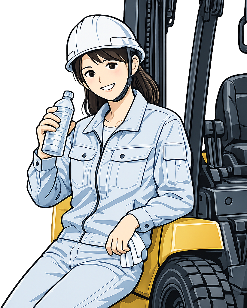 フォークリフトの前で休憩している人