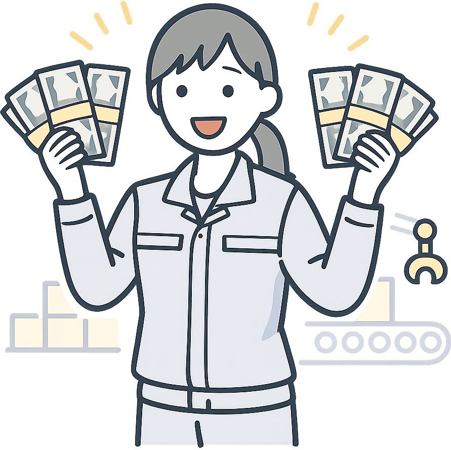 大金を得て喜んでいる工場期間工の女性