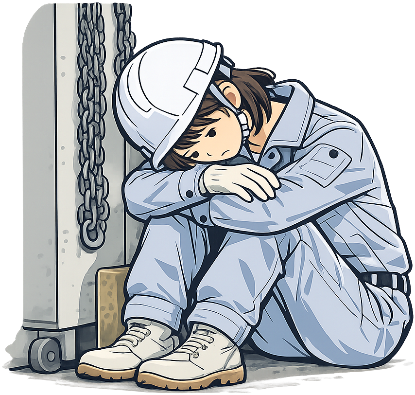 工場の隅で落ち込んでいる人