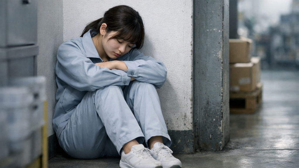 工場の隅で落ち込んでいる