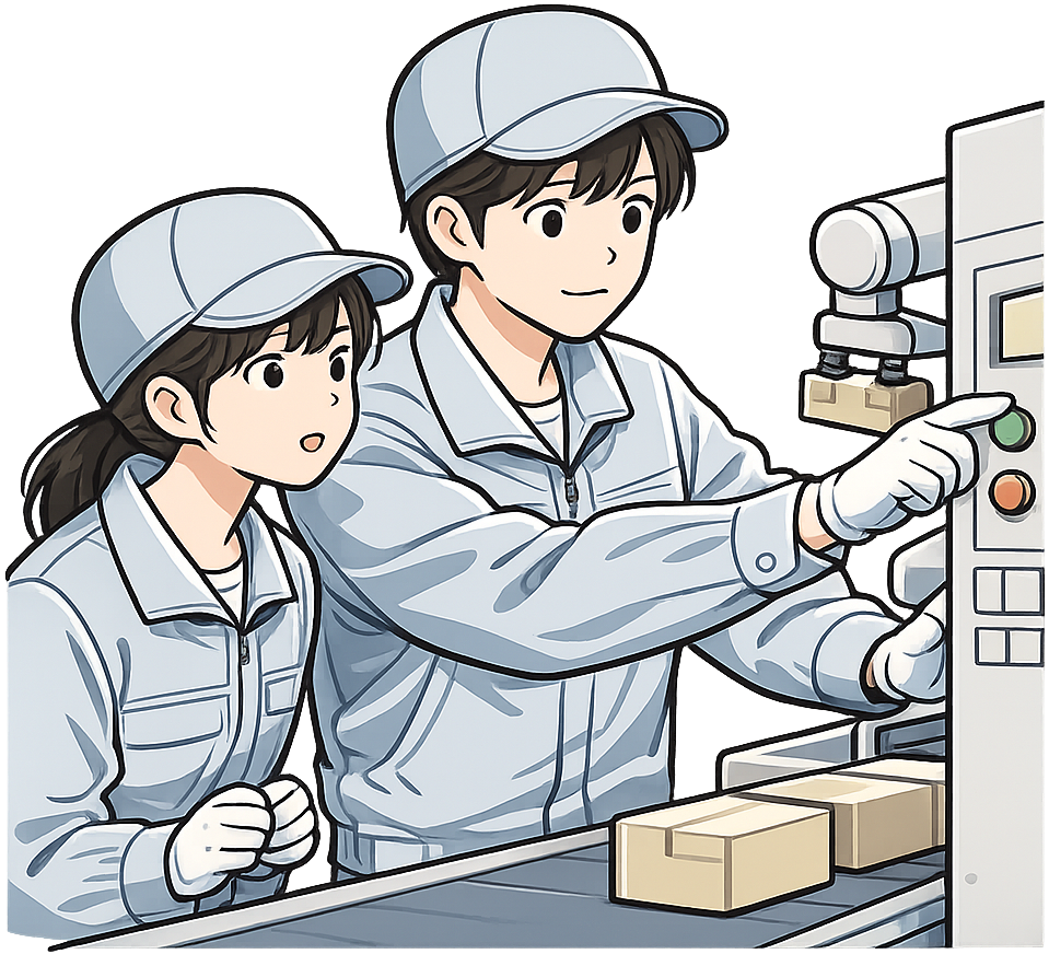 先輩の作業を見ている新人の期間工