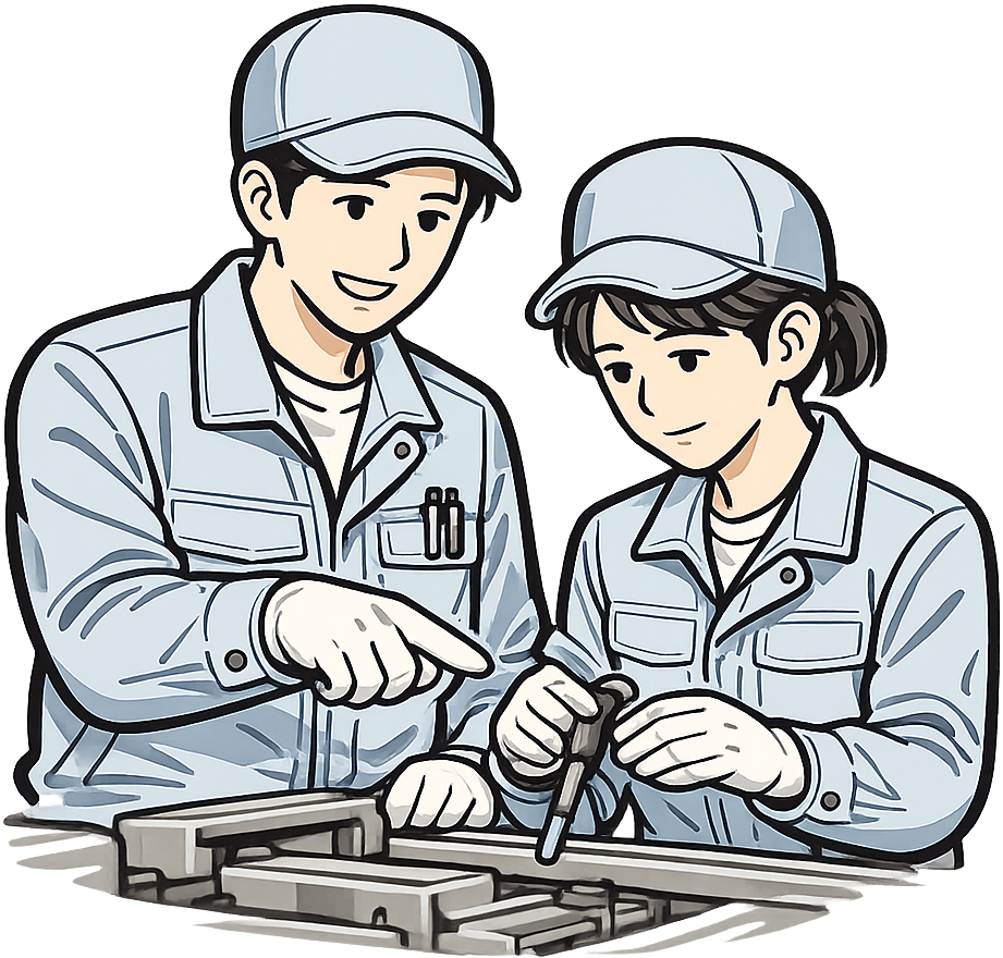 先輩の優しい指導を受けている期間工