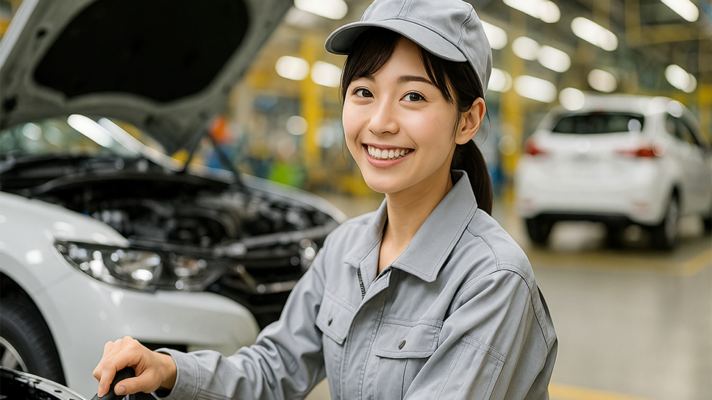 自動車工場で働いている期間工の女性