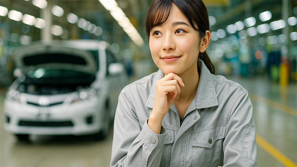 考えごとをしている工場勤務の女性