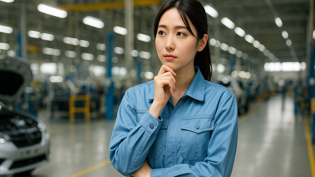 考えごとをしている工場勤務の女性