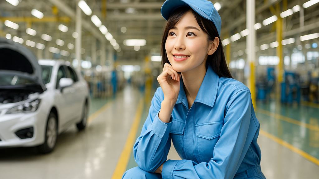 明るい表情の工場で働いている女性