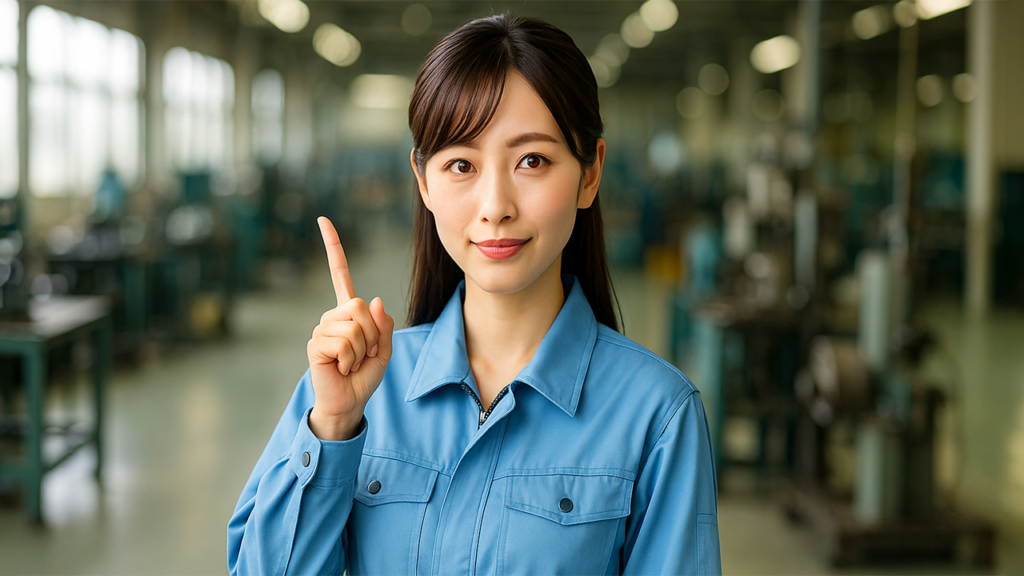 ガイドしている工場勤務の女性