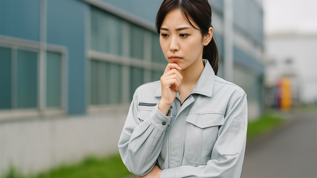 考えごとをしている工場勤務の女性