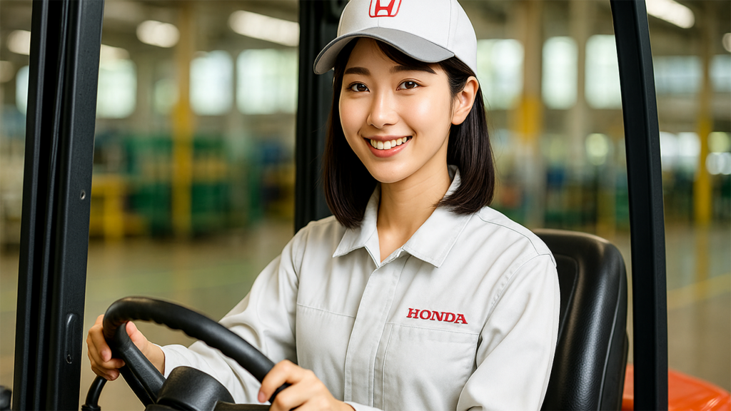 フォークリフトを操作しているホンダ期間工の女性