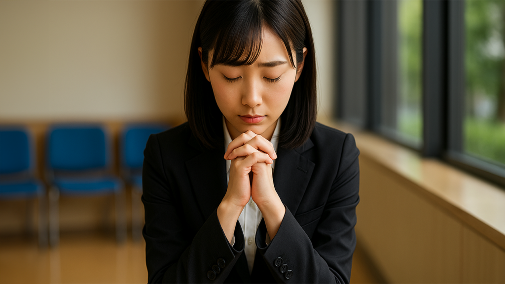 採用面接の待合室にいる女性